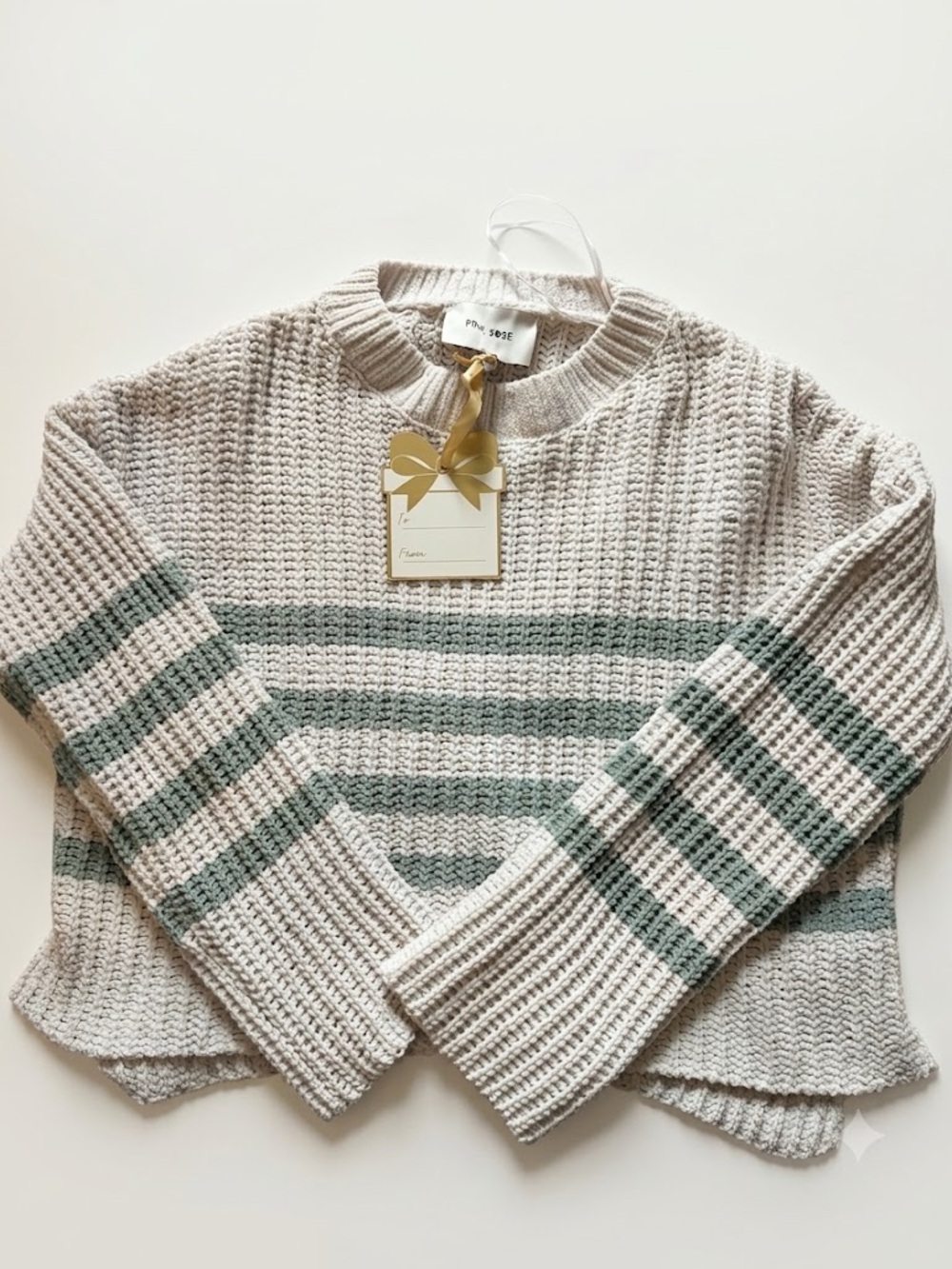 Crewneck Waffle Sweater in Cream with Green Stripes